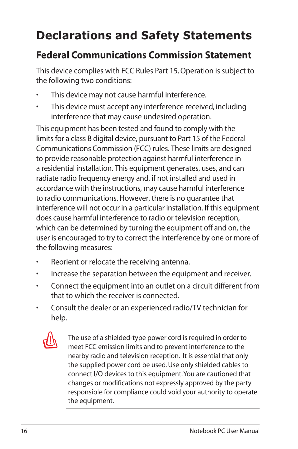 Declarations and safety statements, Federal communications commission statement | Asus X8AIL User Manual | Page 16 / 28