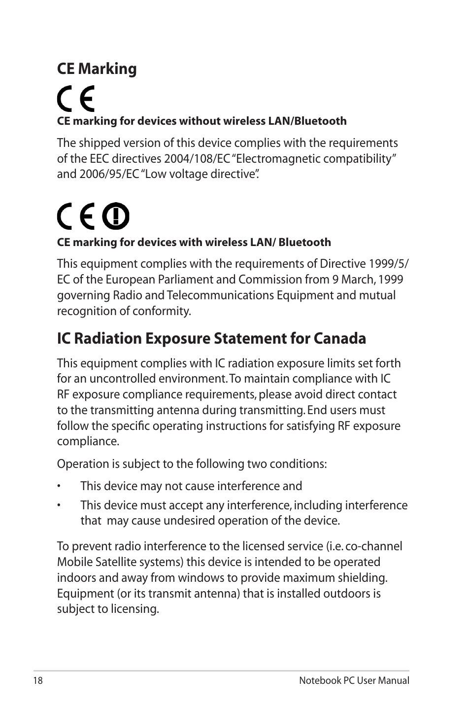 Ce marking, Ic radiation exposure statement for canada | Asus X8AIL User Manual | Page 18 / 28