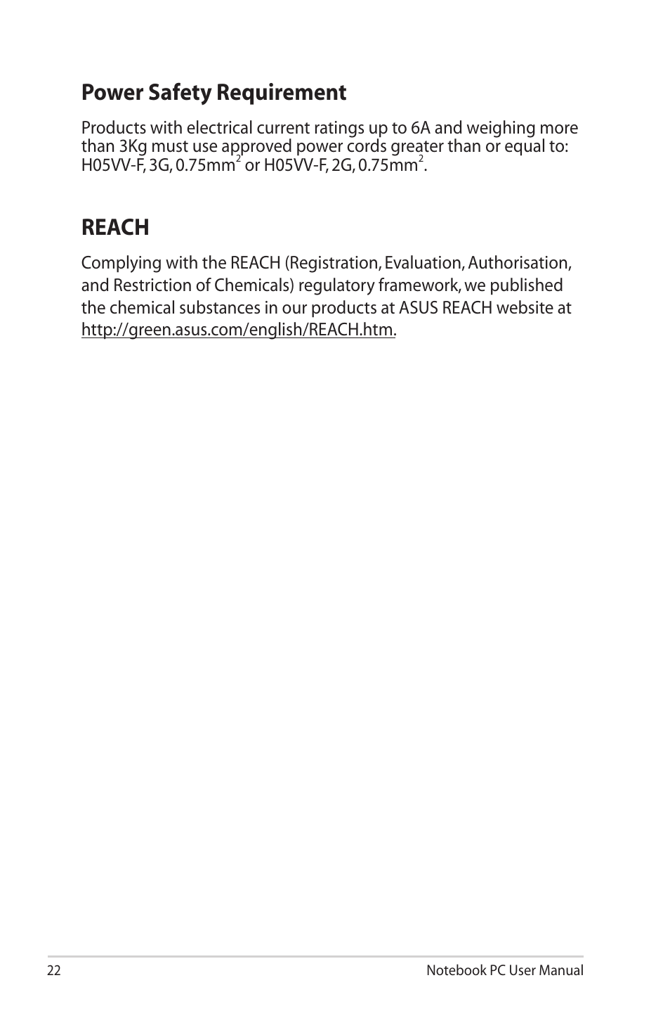 Power safety requirement, Reach, Power safety requirement reach | Asus X8AIL User Manual | Page 22 / 28
