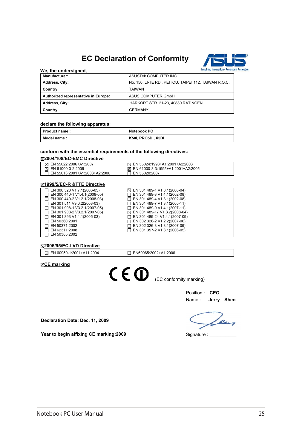 Ec declaration of conformity | Asus X8AIL User Manual | Page 25 / 28