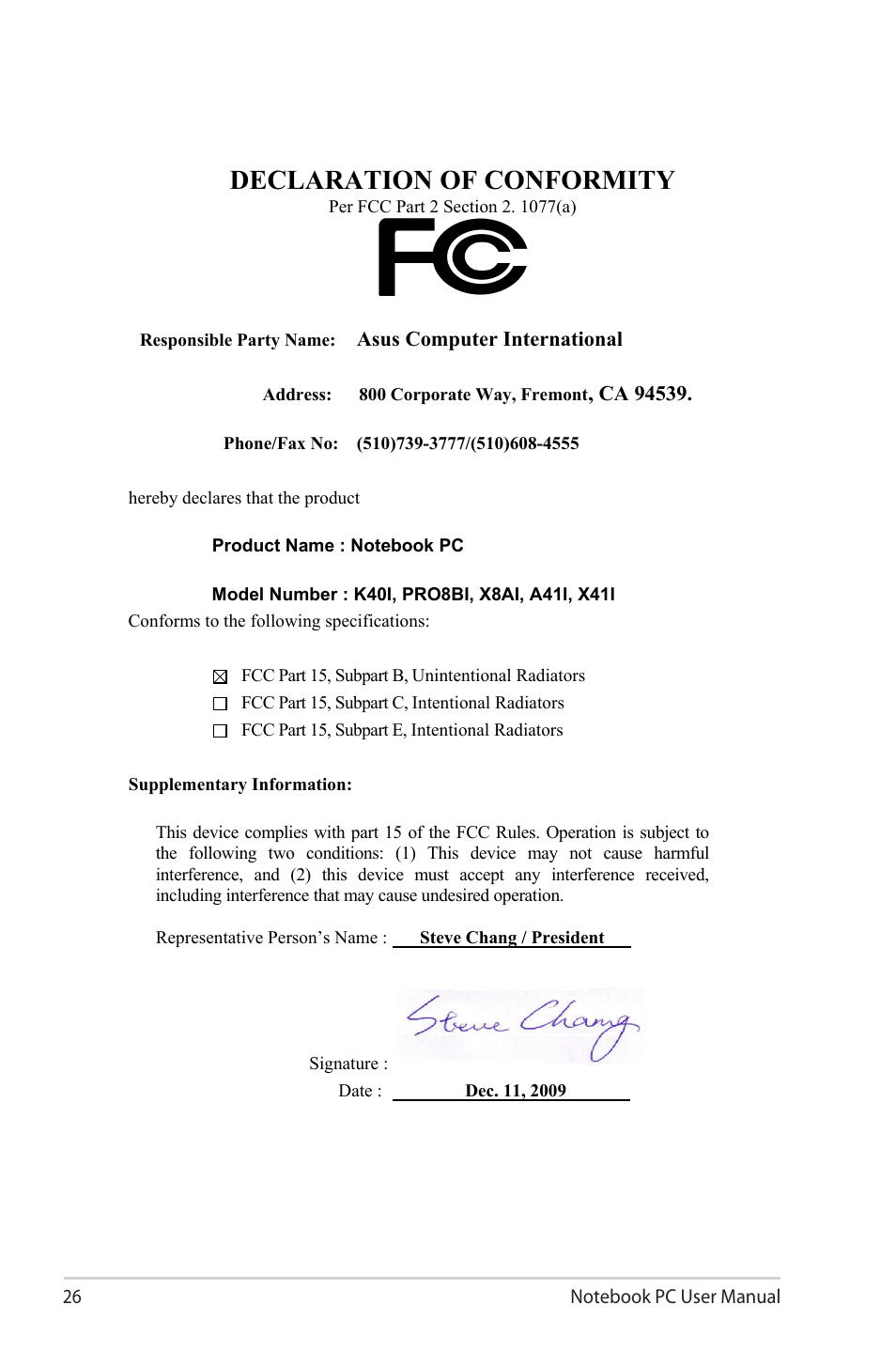Declaration of conformity | Asus X8AIL User Manual | Page 26 / 28