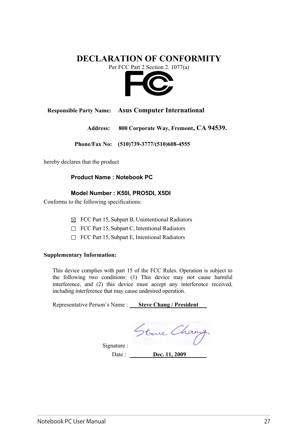 Declaration of conformity | Asus X8AIL User Manual | Page 27 / 28