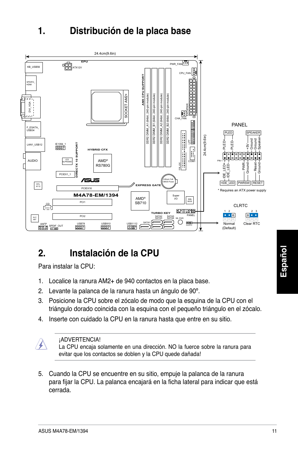 Español, Panel | Asus M4A78-EM/1394 User Manual | Page 11 / 38