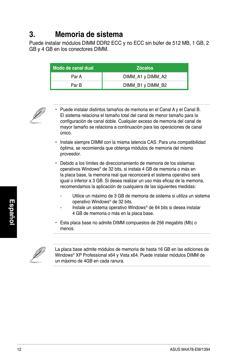 Español | Asus M4A78-EM/1394 User Manual | Page 12 / 38