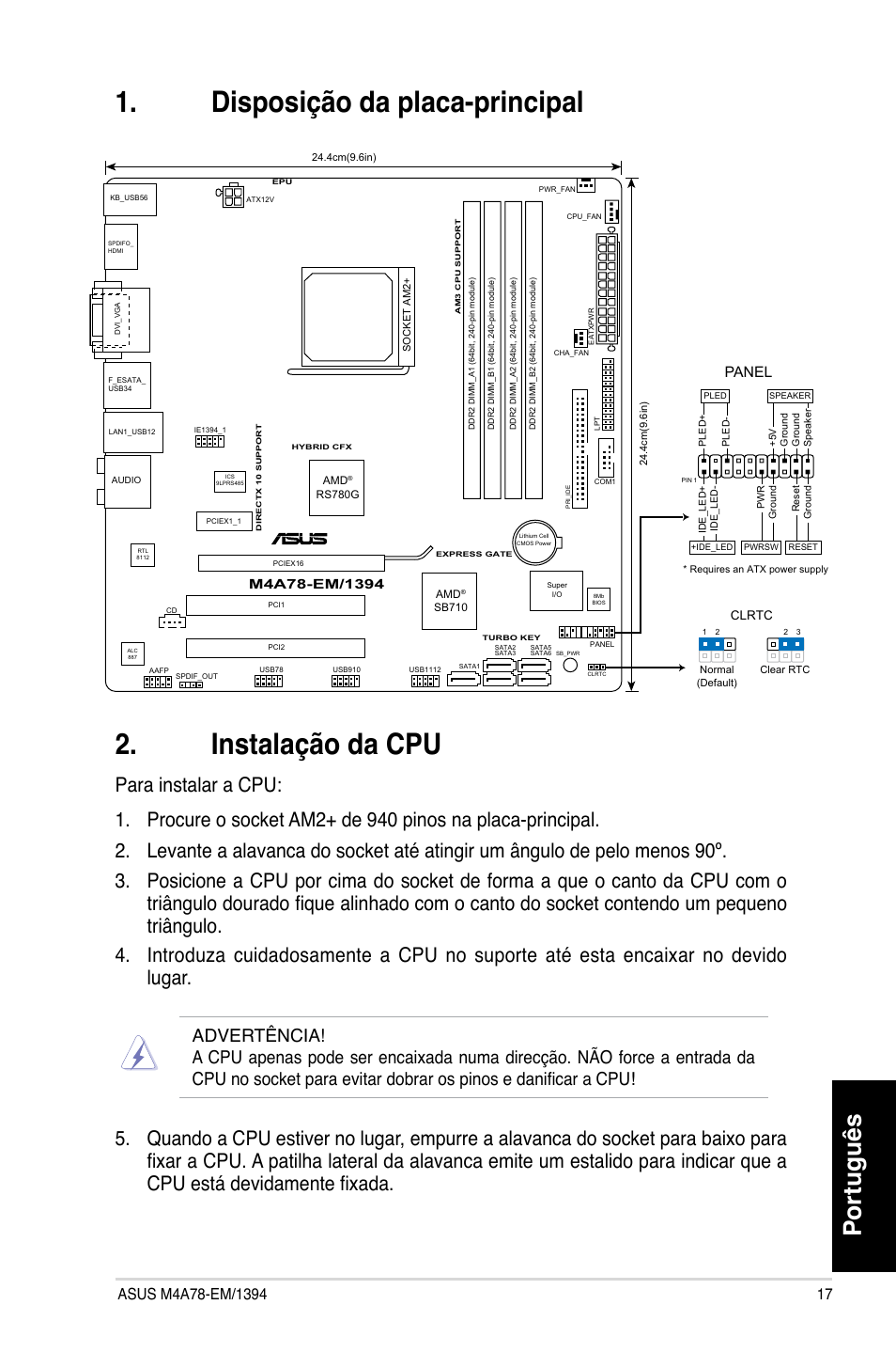 Disposição da placa-principal 2. instalação da cpu, Português, Panel | Asus M4A78-EM/1394 User Manual | Page 17 / 38