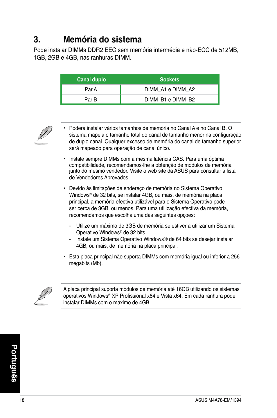 Memória do sistema, Português | Asus M4A78-EM/1394 User Manual | Page 18 / 38