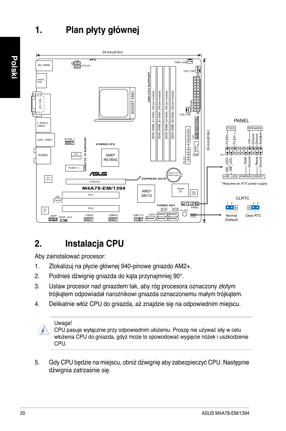 Instalacja cpu, Plan płyty głównej, Polski | Panel | Asus M4A78-EM/1394 User Manual | Page 20 / 38