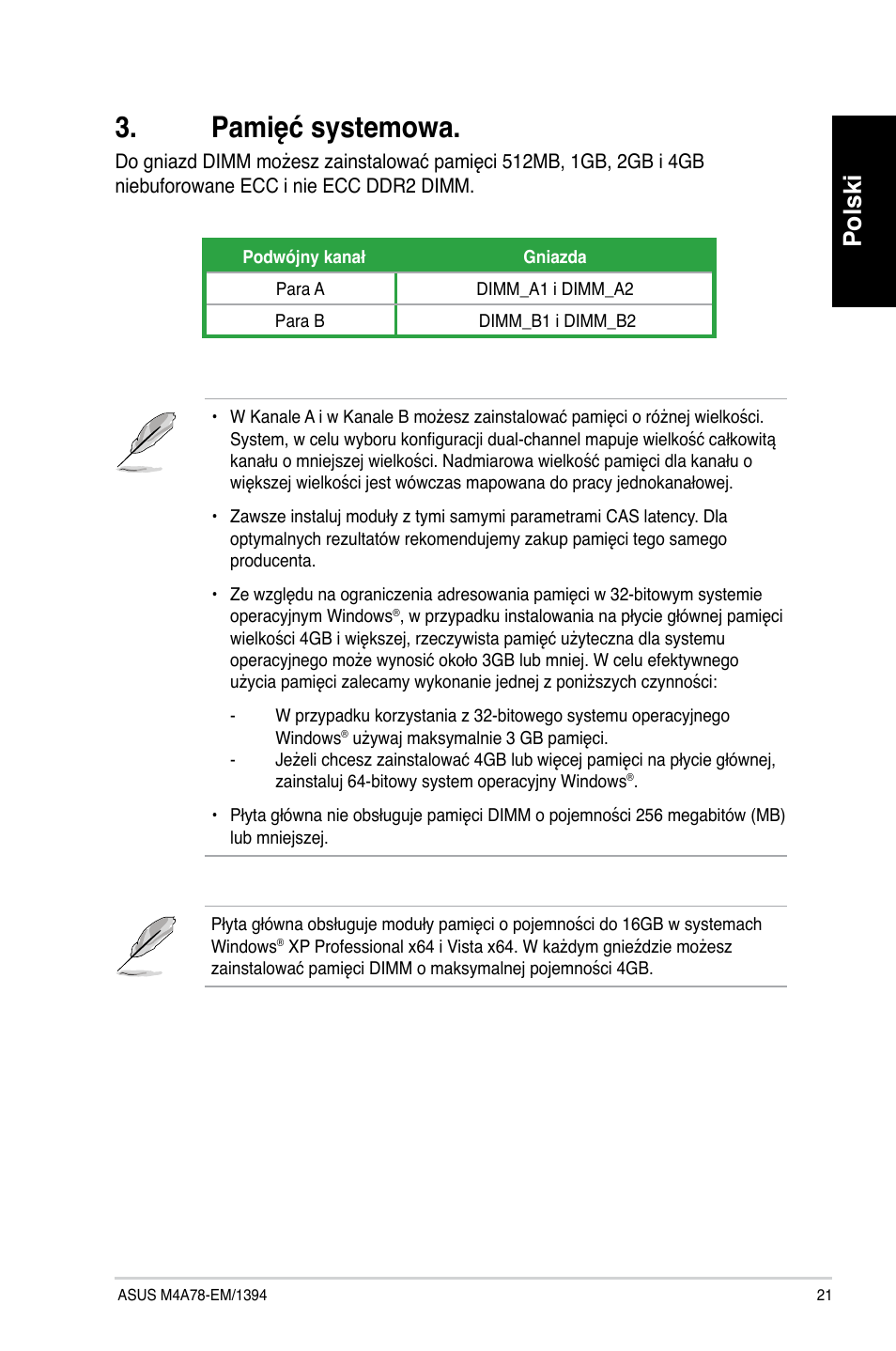 Pamięć systemowa, Polski | Asus M4A78-EM/1394 User Manual | Page 21 / 38