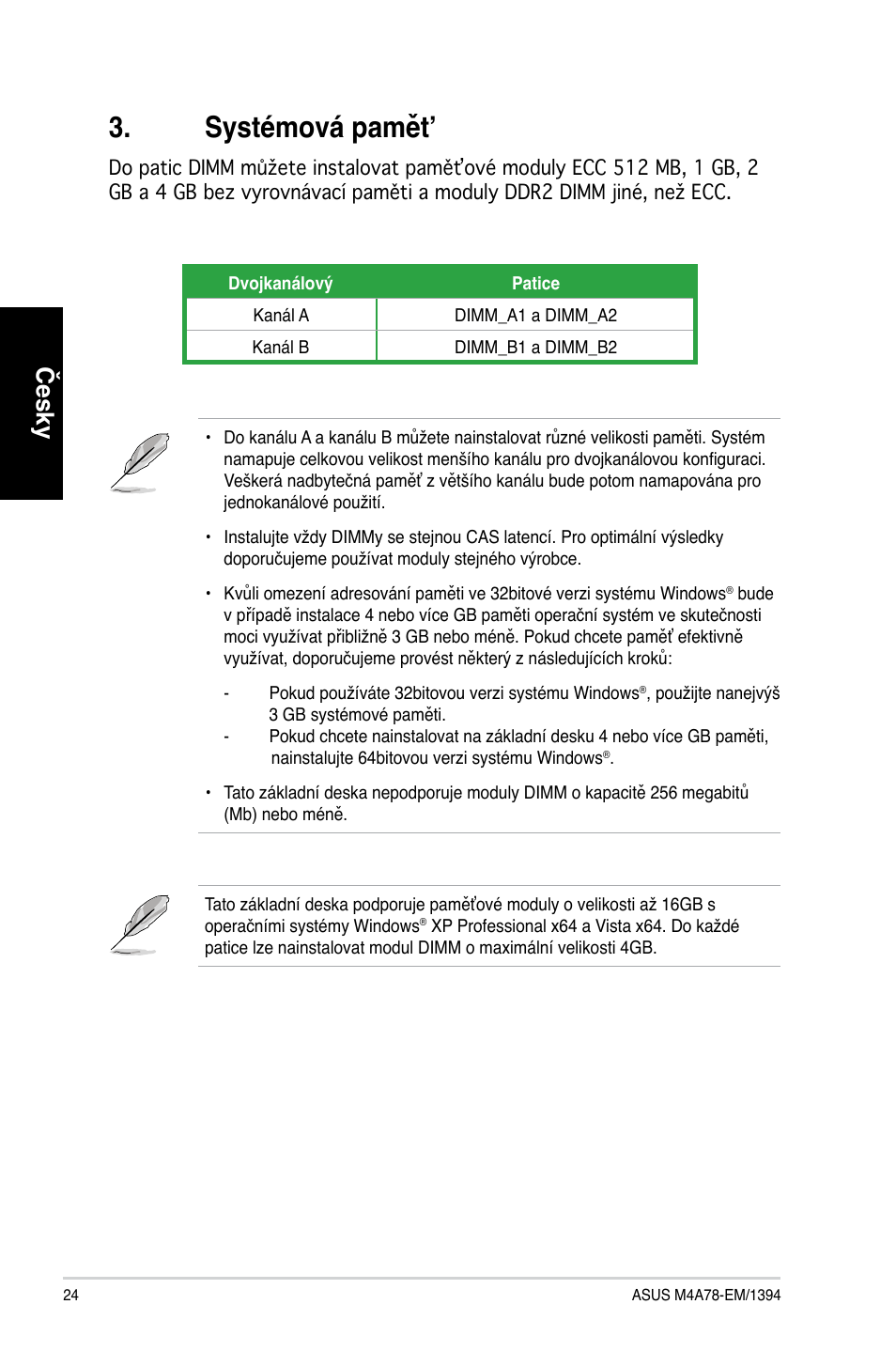 Systémová pamět, Česky | Asus M4A78-EM/1394 User Manual | Page 24 / 38