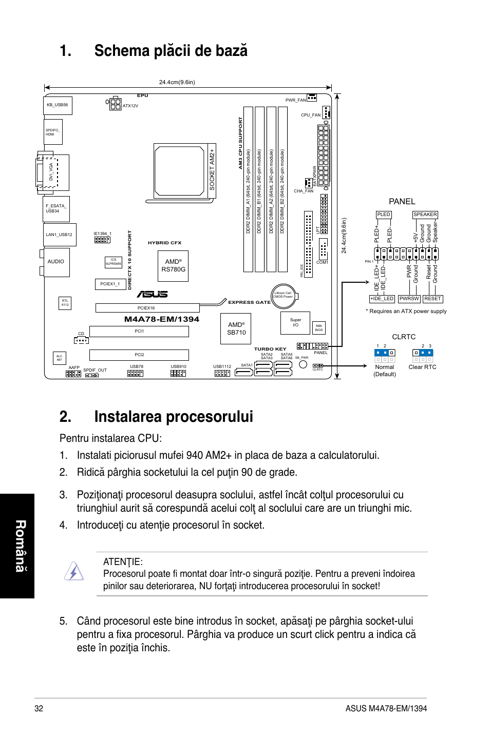 Schema plăcii de bază 2. instalarea procesorului, Română, Panel | Asus M4A78-EM/1394 User Manual | Page 32 / 38