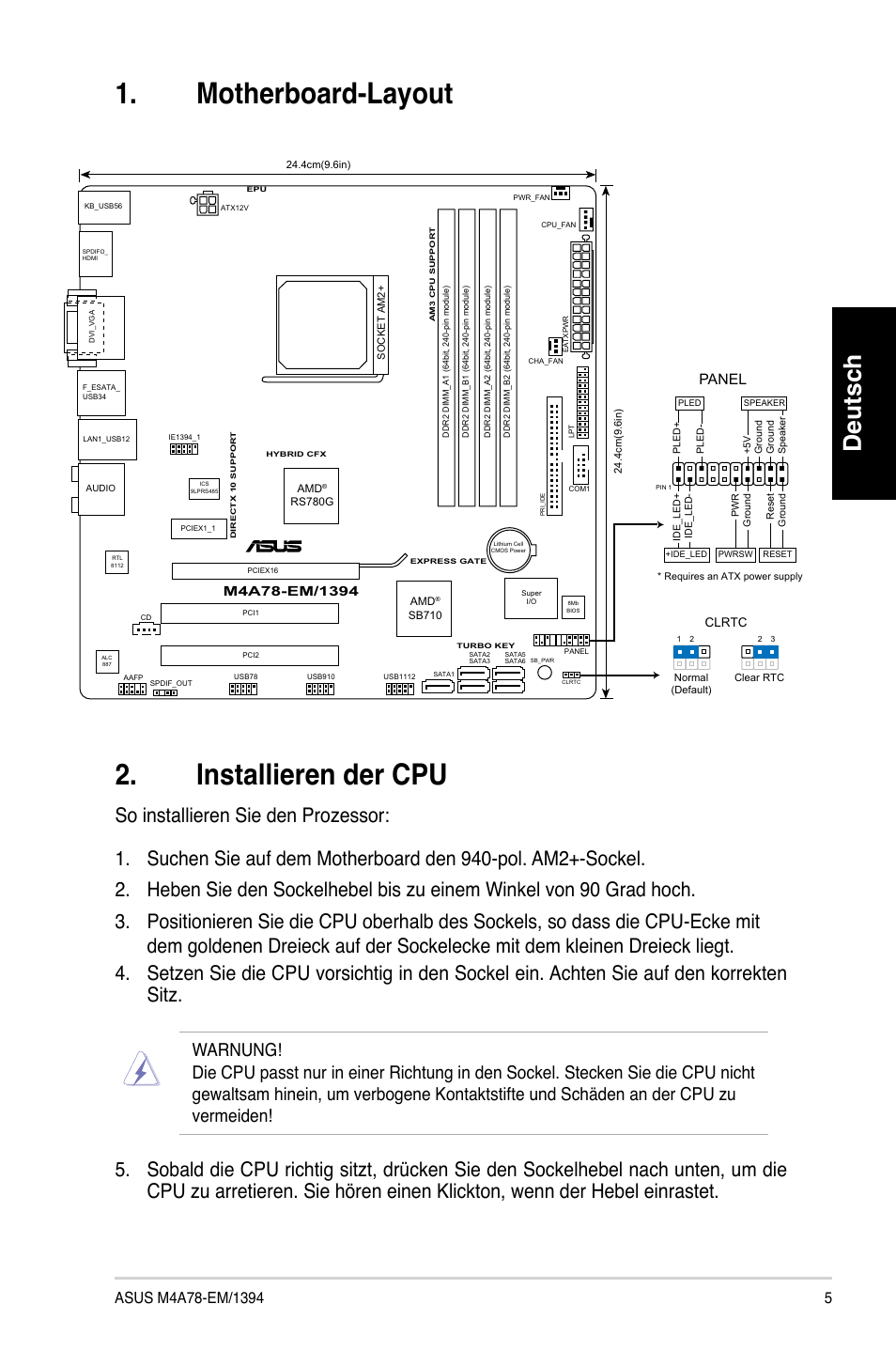 Motherboard-layout 2. installieren der cpu, Deutsch, Panel | Asus M4A78-EM/1394 User Manual | Page 5 / 38