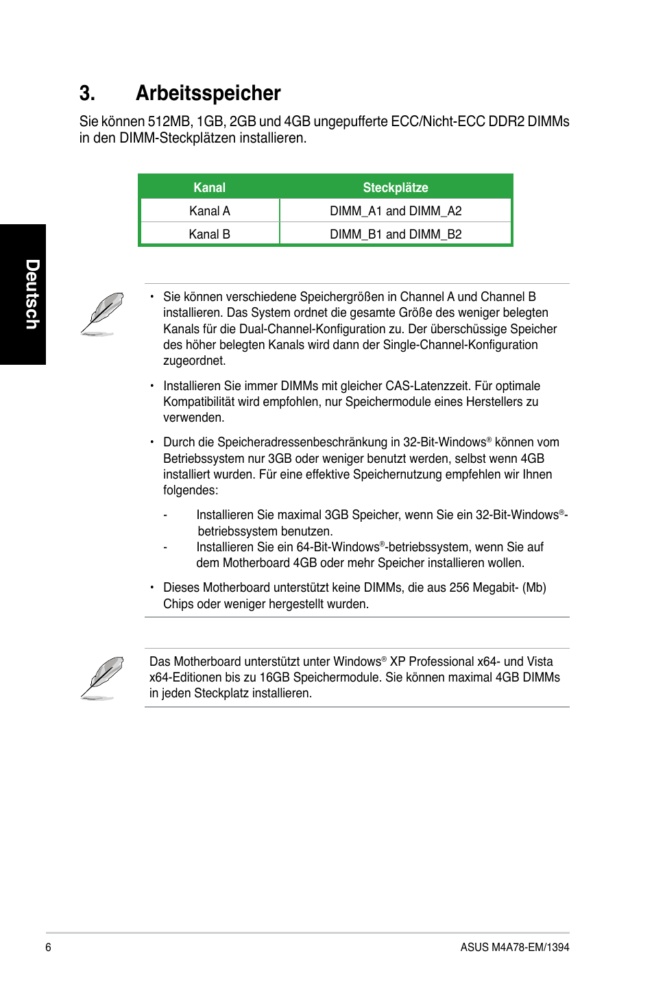 Arbeitsspeicher, Deutsch | Asus M4A78-EM/1394 User Manual | Page 6 / 38