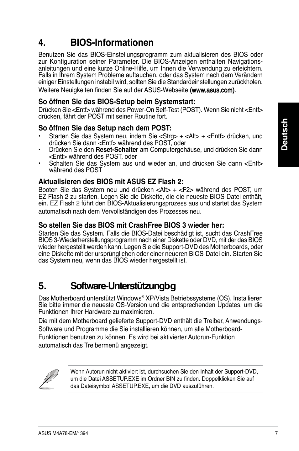 Bios-informationen, Software-unterstützungbg, Deutsch | Asus M4A78-EM/1394 User Manual | Page 7 / 38