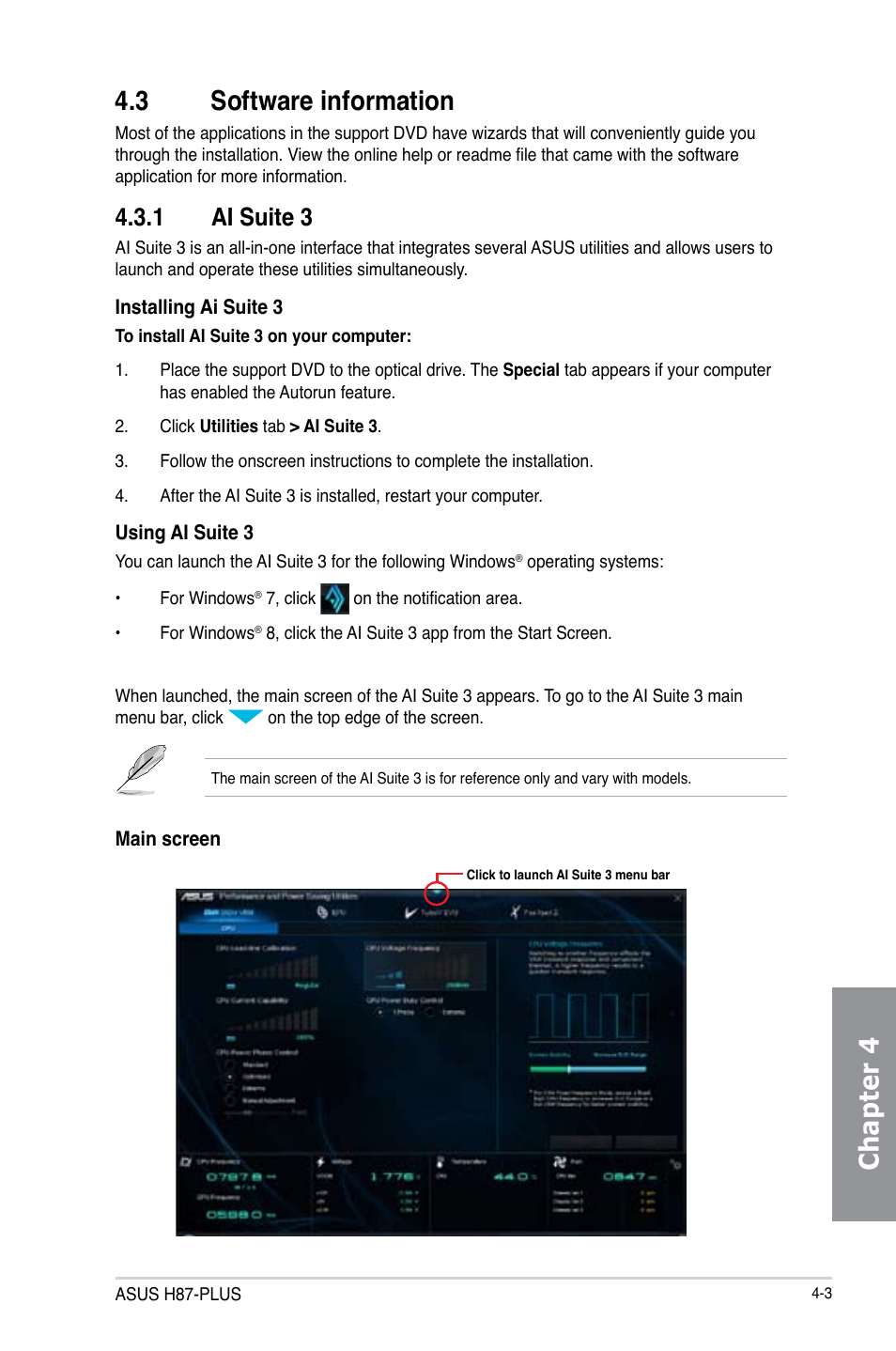 Chapter 4 4.3 software information, 1 ai suite 3 | Asus H87-PLUS User Manual | Page 109 / 136