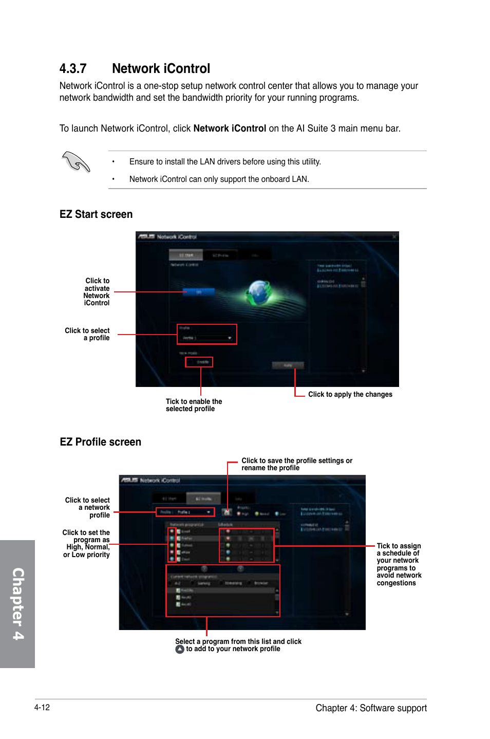 Chapter 4, 7 network icontrol, Ez profile screen | Ez start screen | Asus H87-PLUS User Manual | Page 118 / 136
