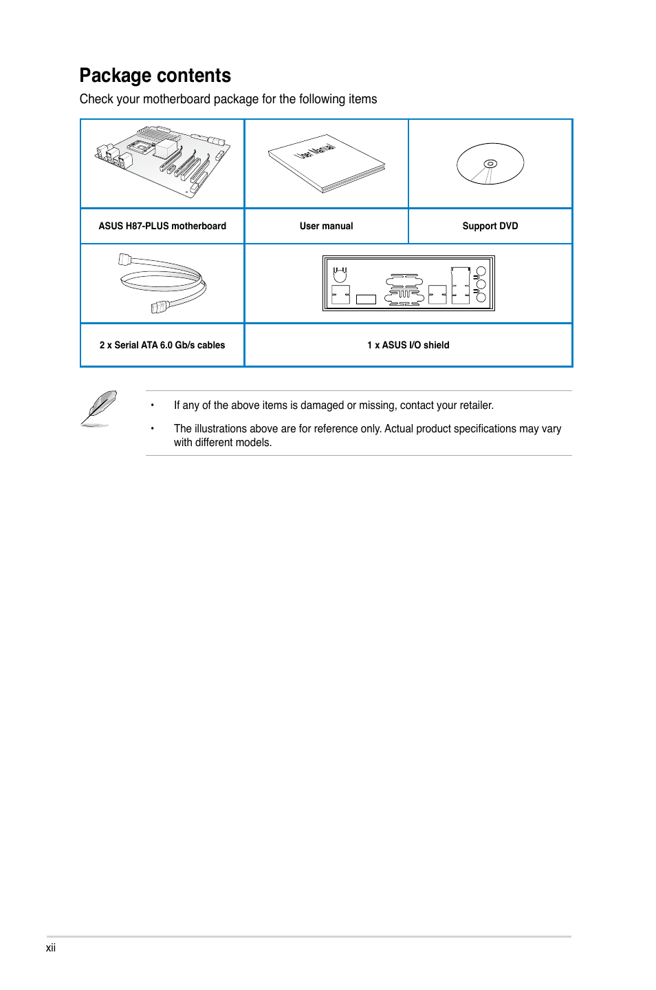 Package contents | Asus H87-PLUS User Manual | Page 12 / 136