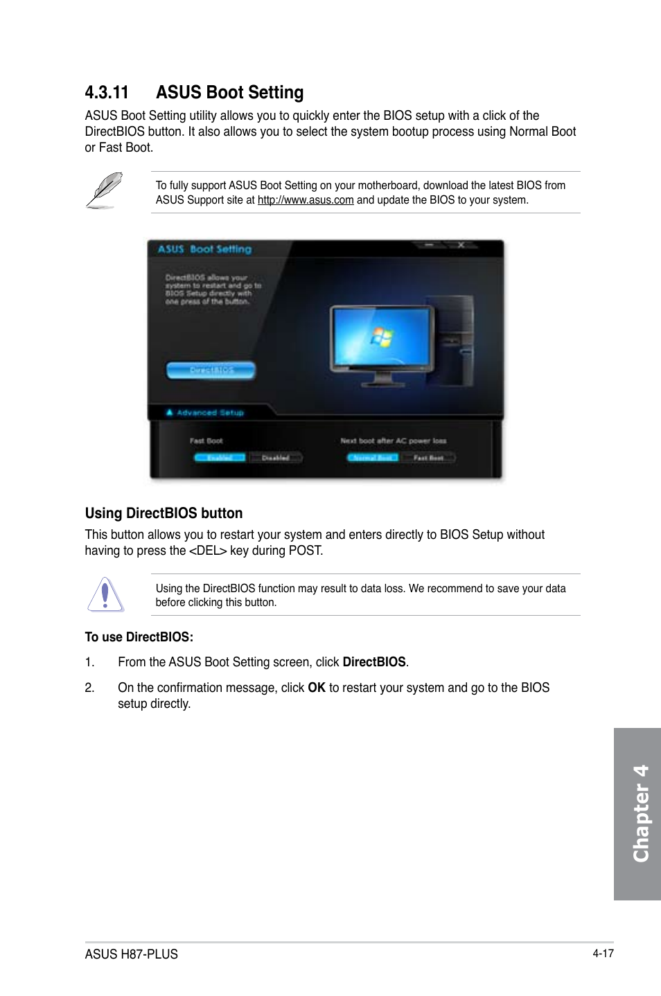 Chapter 4, 11 asus boot setting | Asus H87-PLUS User Manual | Page 123 / 136