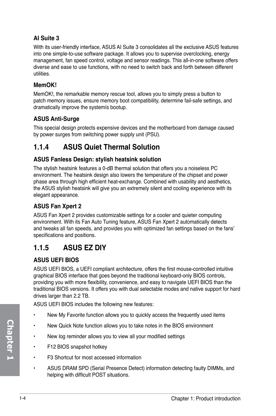 Chapter 1, 4 asus quiet thermal solution, 5 asus ez diy | Asus H87-PLUS User Manual | Page 18 / 136