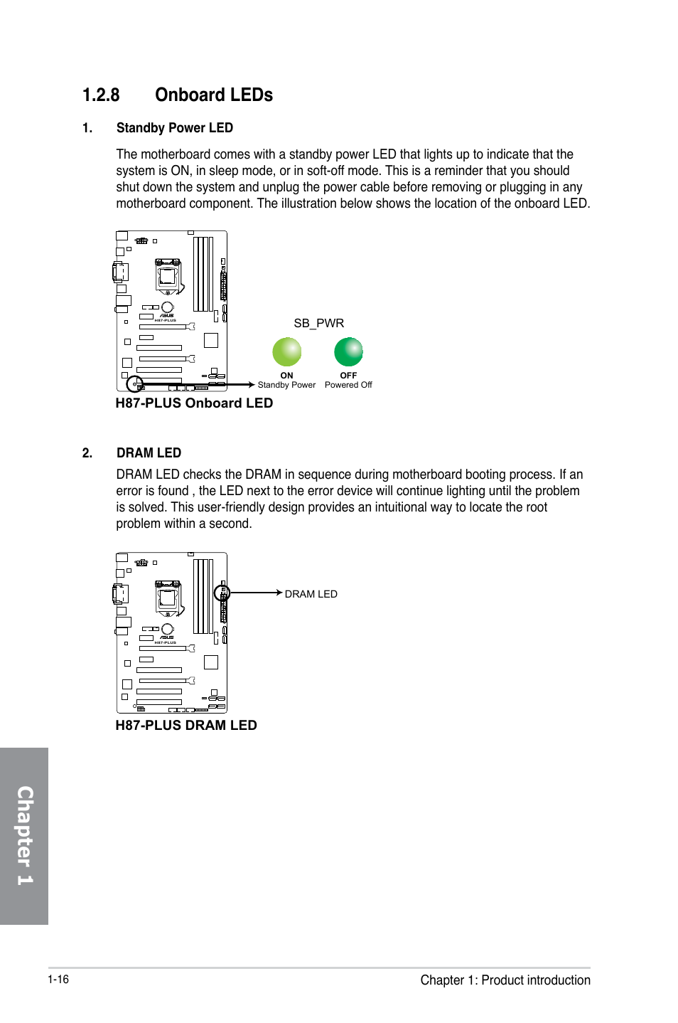 Chapter 1, 8 onboard leds | Asus H87-PLUS User Manual | Page 30 / 136