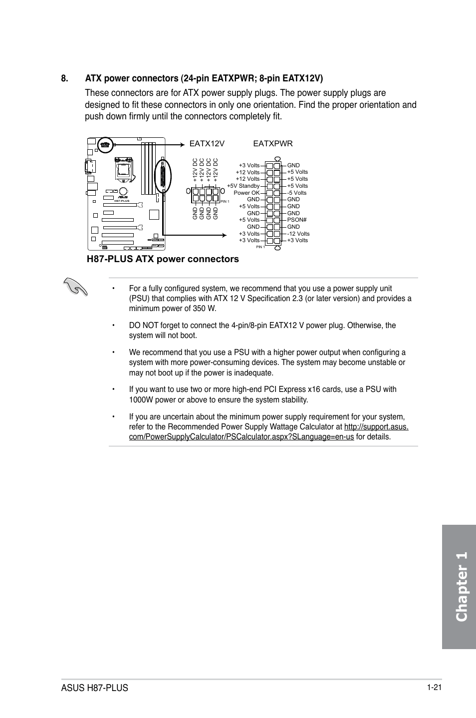 Chapter 1, Asus h87-plus, H87-plus atx power connectors | Asus H87-PLUS User Manual | Page 35 / 136