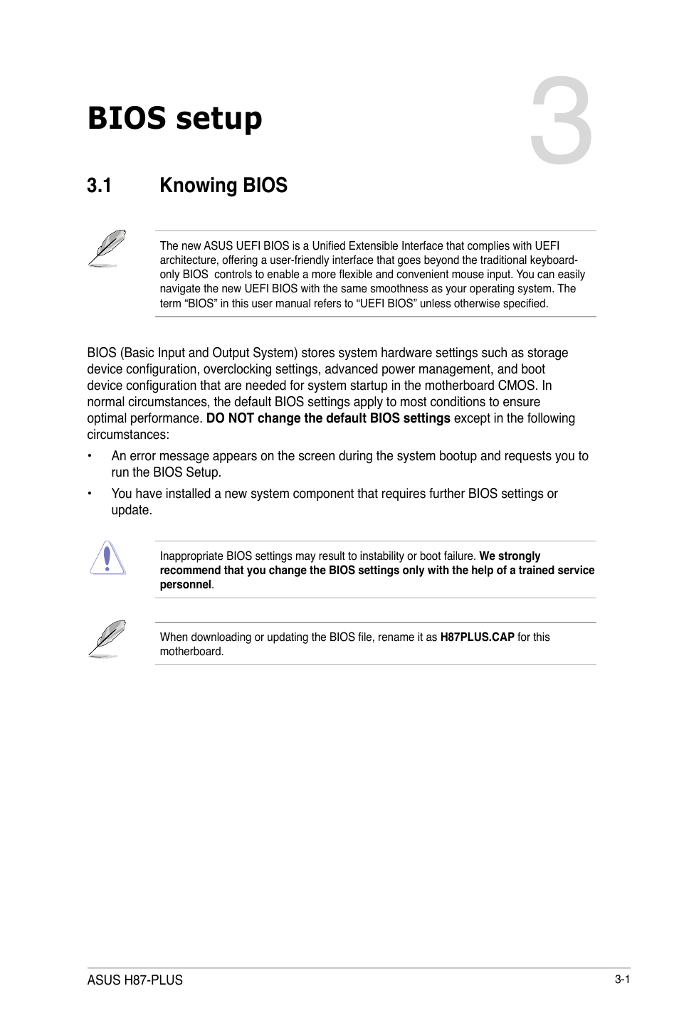 Bios setup, Chapter 3, 1 knowing bios | Asus H87-PLUS User Manual | Page 53 / 136