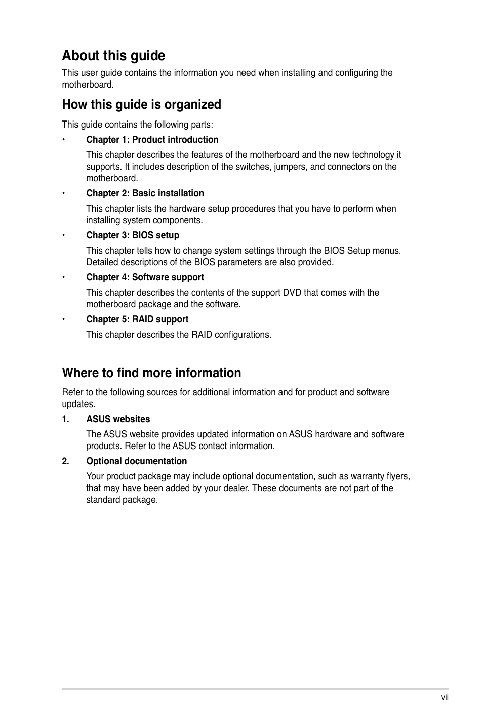 About this guide, How this guide is organized, Where to find more information | Asus H87-PLUS User Manual | Page 7 / 136