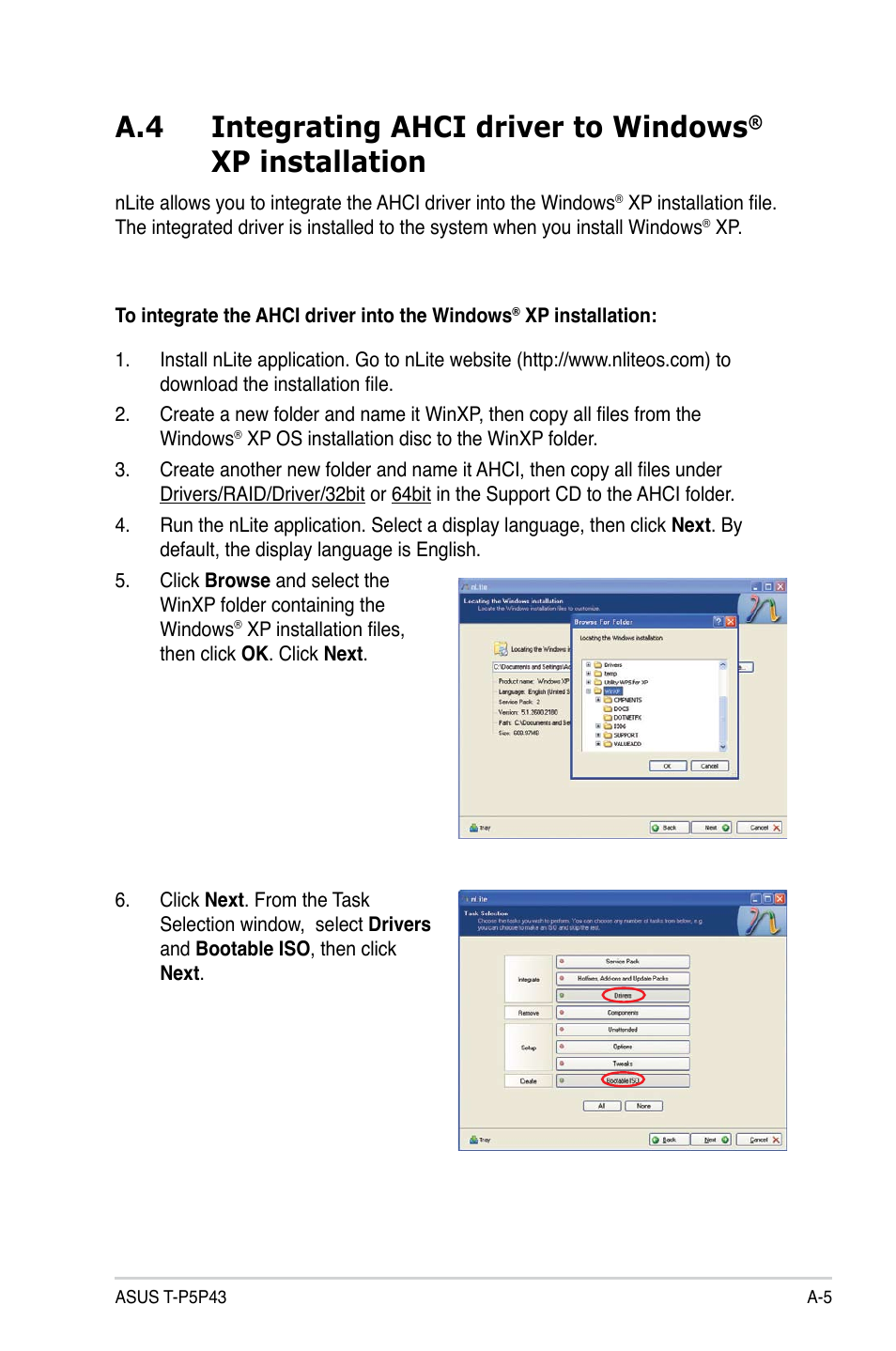 Integrating ahci driver to windows, Xp installation ...............a-5, A.4 integrating ahci driver to windows | Xp installation | Asus T4-P5P43 User Manual | Page 107 / 108