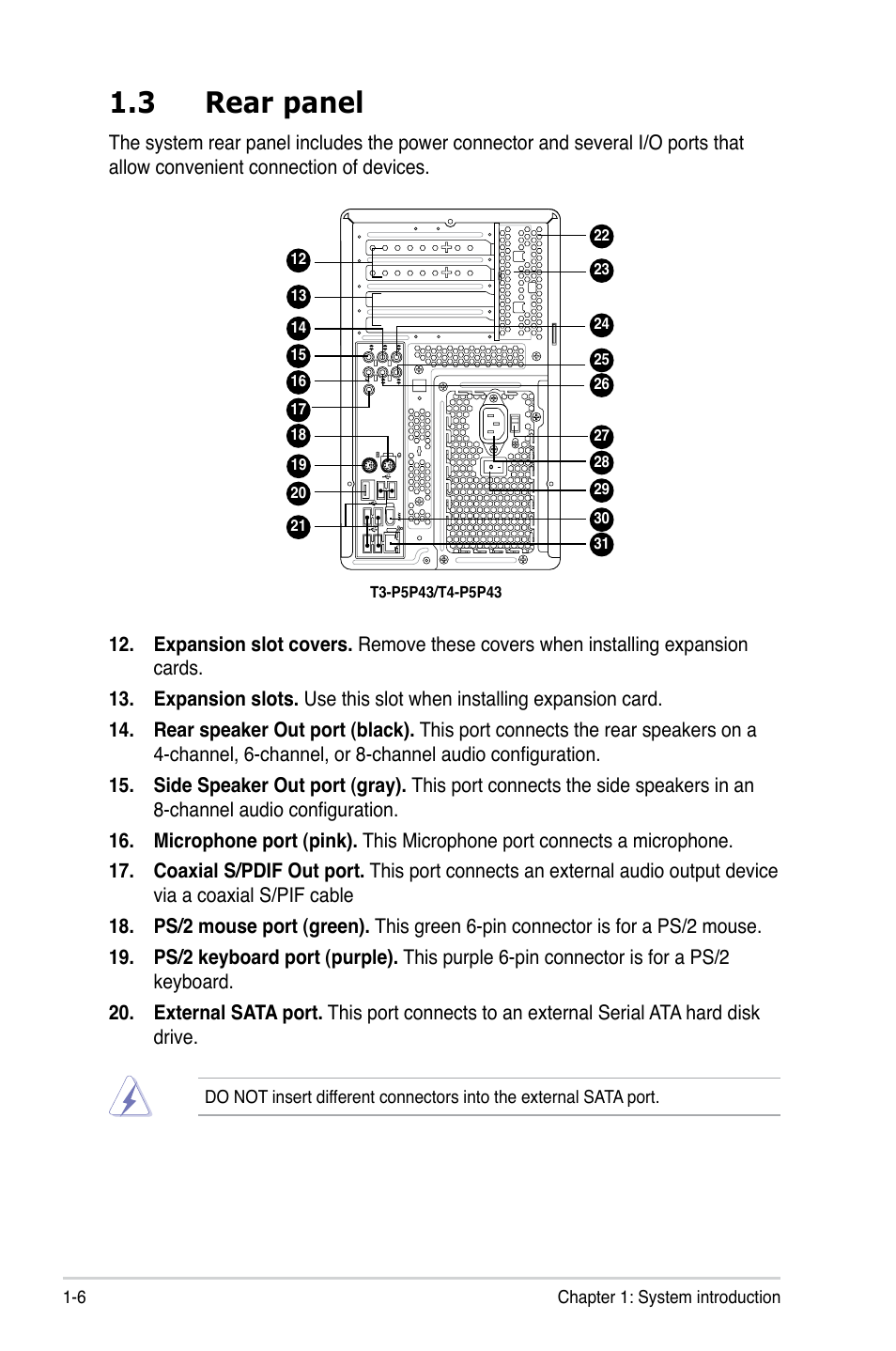 3 rear panel, Rear panel -6 | Asus T4-P5P43 User Manual | Page 16 / 108