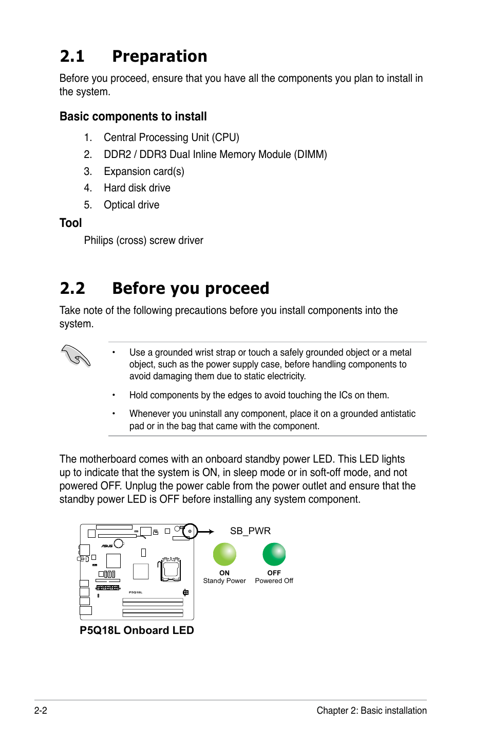 1 preparation, 2 before you proceed, Preparation -2 | Before you proceed -2, Basic components to install, Tool | Asus T4-P5P43 User Manual | Page 22 / 108