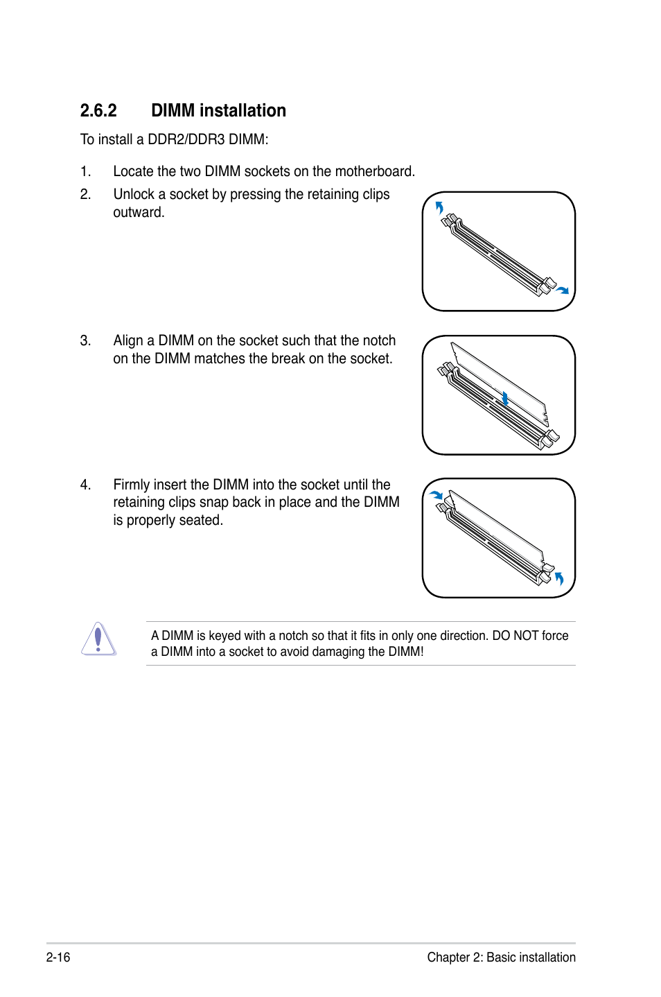 2 dimm installation, Dimm installation -16 | Asus T4-P5P43 User Manual | Page 36 / 108