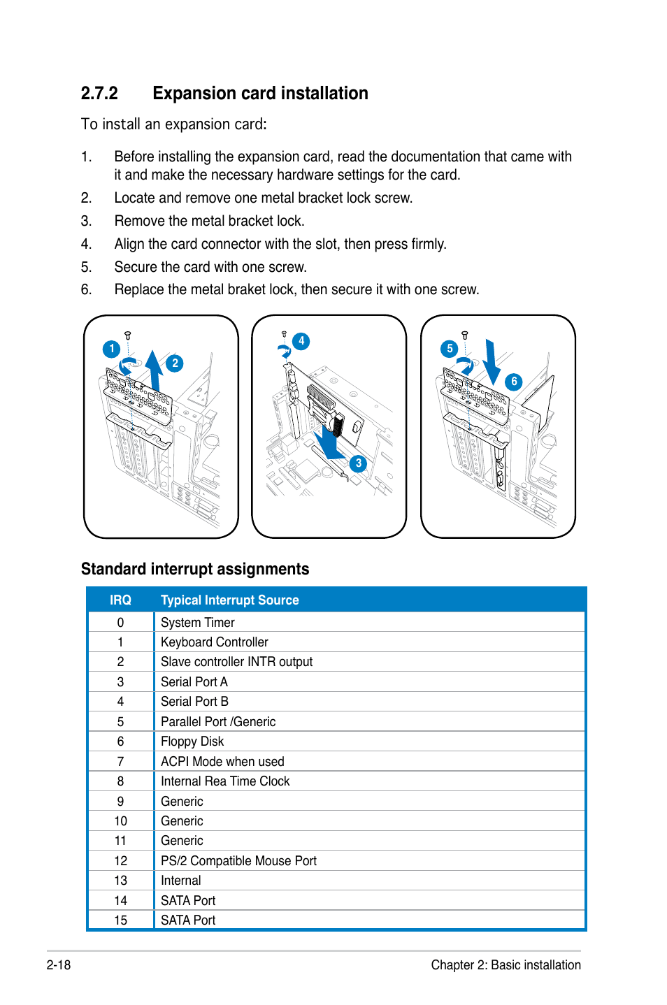 2 expansion card installation, Expansion card installation -18, Standard interrupt assignments | Asus T4-P5P43 User Manual | Page 38 / 108