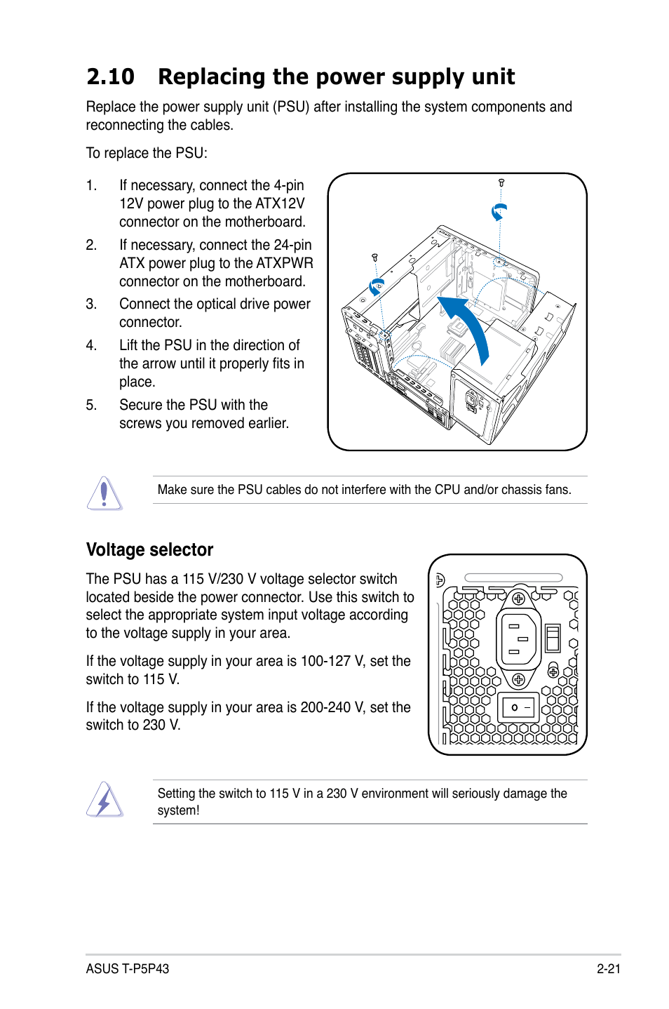 10 replacing the power supply unit, Voltage selector, 10 replacing the power supply unit -21 | Voltage selector -21 | Asus T4-P5P43 User Manual | Page 41 / 108