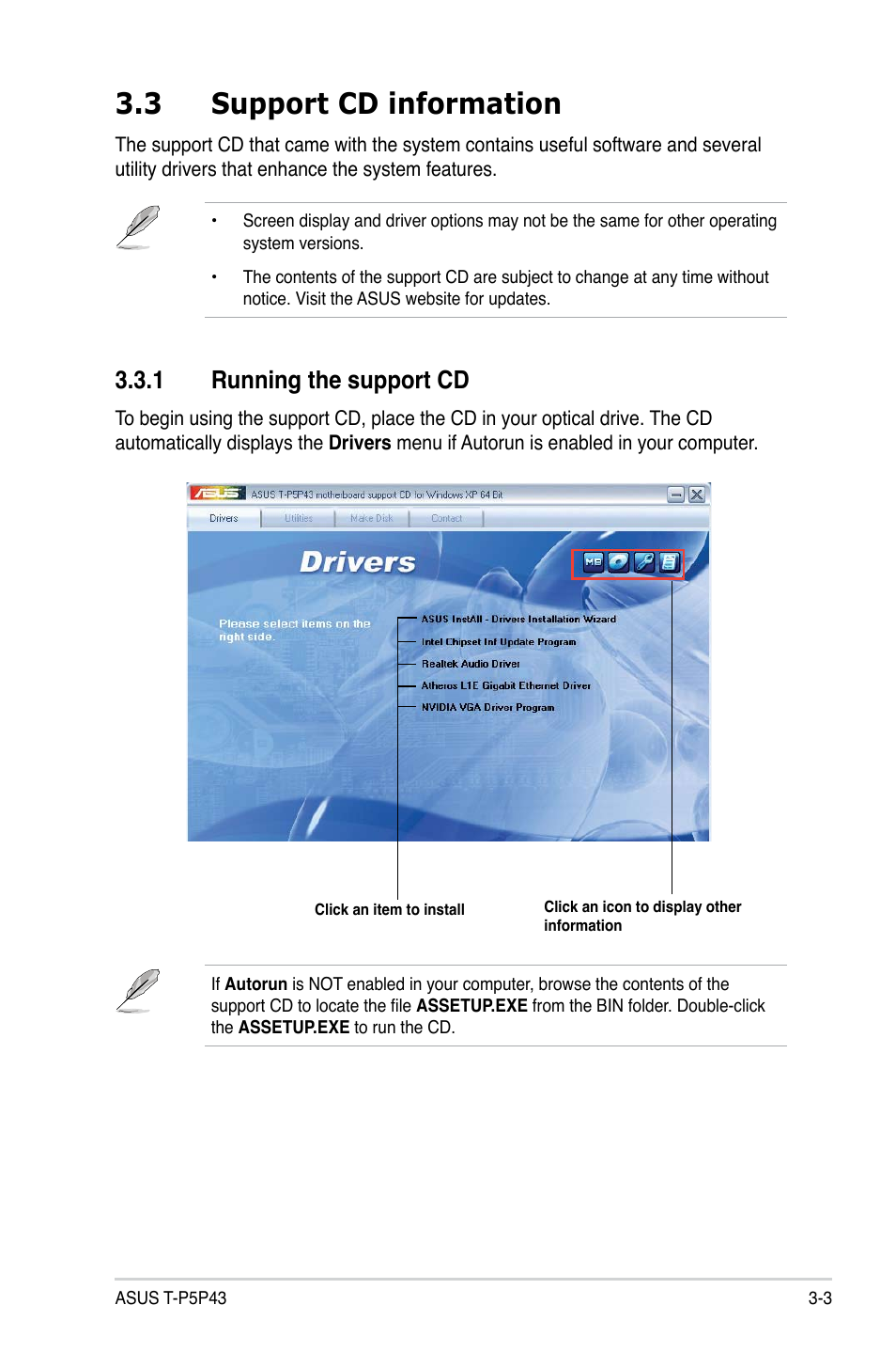 3 support cd information, 1 running the support cd, Support cd information -3 | Running the support cd -3 | Asus T4-P5P43 User Manual | Page 45 / 108