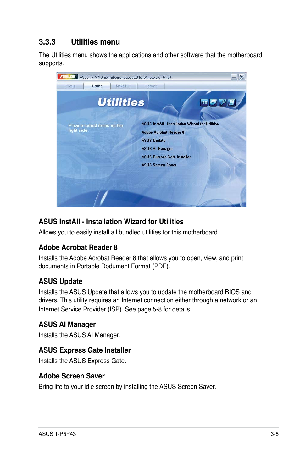 3 utilities menu, Utilities menu -5 | Asus T4-P5P43 User Manual | Page 47 / 108