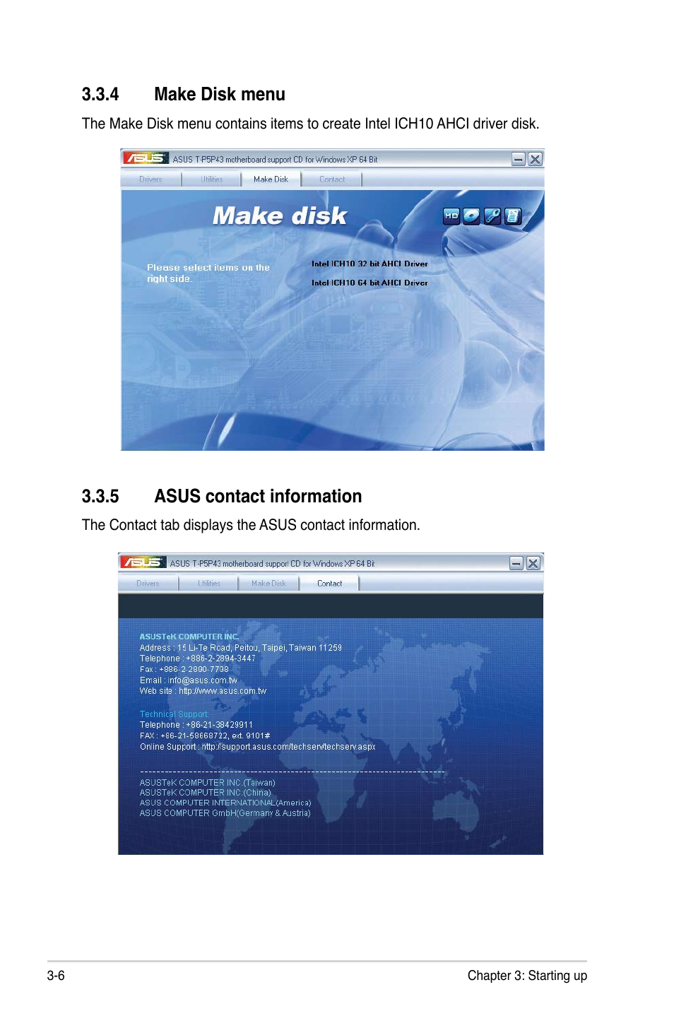 4 make disk menu, 5 asus contact information, Make disk menu -6 | Asus contact information -6 | Asus T4-P5P43 User Manual | Page 48 / 108