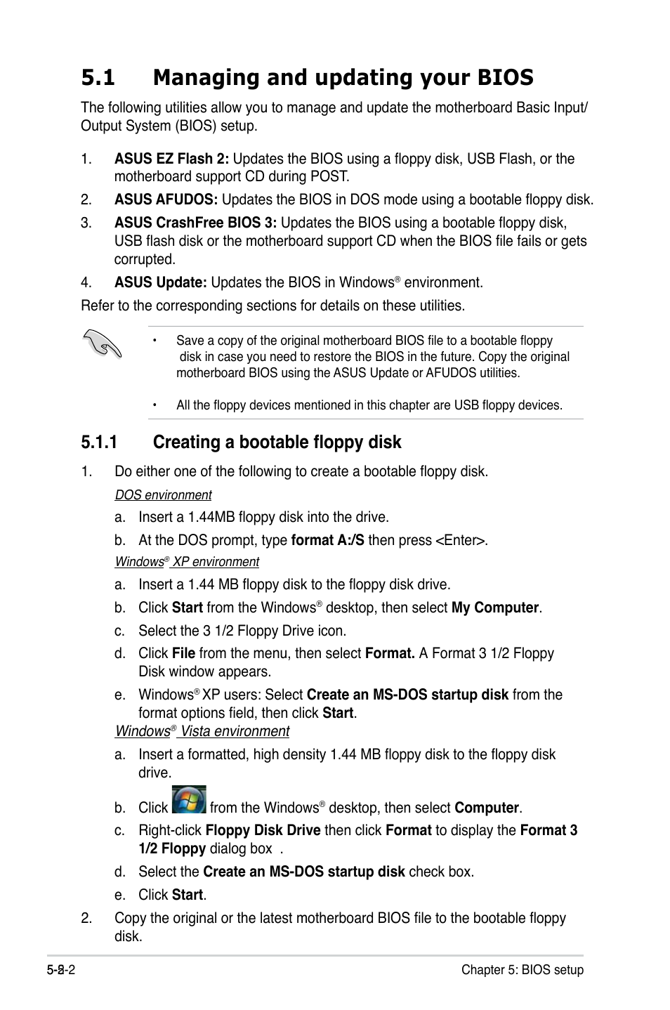 1 managing and updating your bios, 1 creating a bootable floppy disk, Managing and updating your bios -2 5.1.1 | Creating a bootable floppy disk -2 | Asus T4-P5P43 User Manual | Page 68 / 108