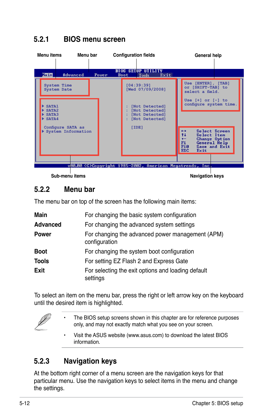 1 bios menu screen, 2 menu bar, 3 navigation keys | Bios menu screen -12, Menu bar -12, Navigation keys -12 | Asus T4-P5P43 User Manual | Page 78 / 108