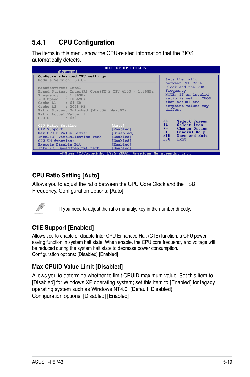 1 cpu configuration, Cpu configuration -19, Cpu ratio setting [auto | C1e support [enabled, Max cpuid value limit [disabled | Asus T4-P5P43 User Manual | Page 85 / 108