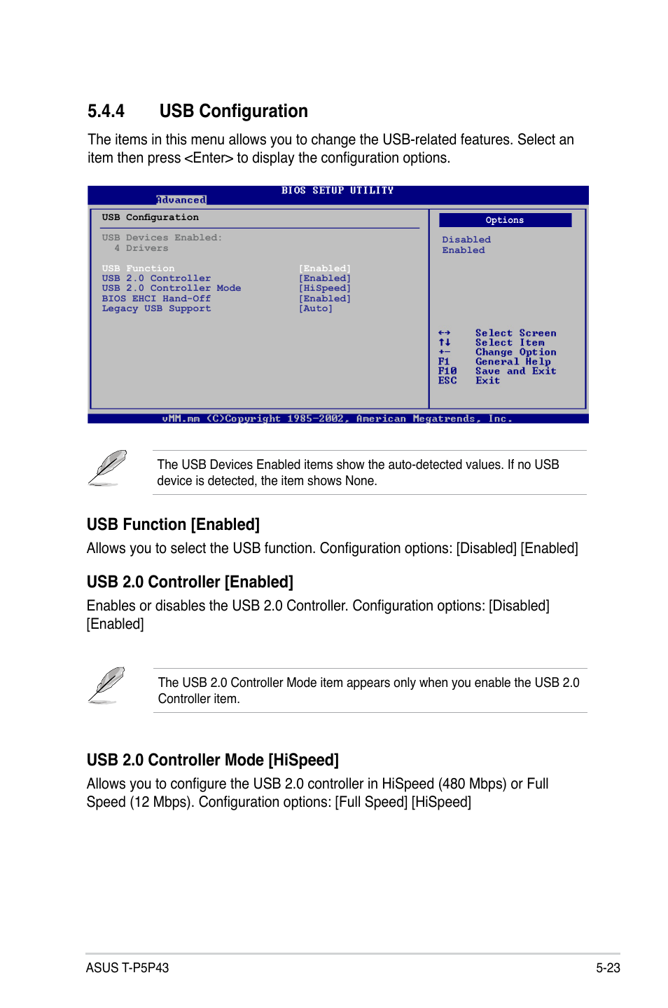 4 usb configuration, Usb configuration -23, Usb function [enabled | Usb 2.0 controller [enabled, Usb 2.0 controller mode [hispeed | Asus T4-P5P43 User Manual | Page 89 / 108