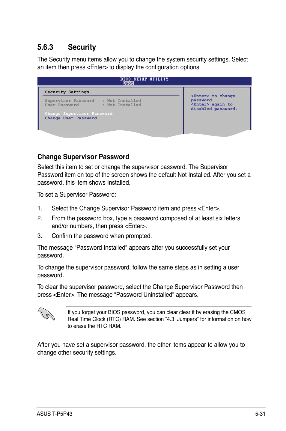 3 security, Security -31, Change supervisor password | Asus T4-P5P43 User Manual | Page 97 / 108