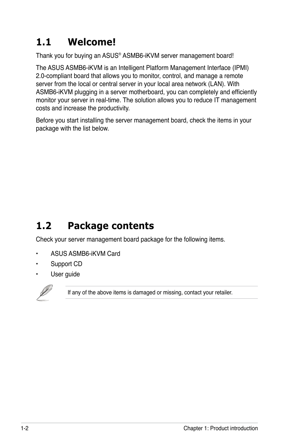 1 welcome, 2 package contents | Asus ASMB6-iKVM User Manual | Page 14 / 114