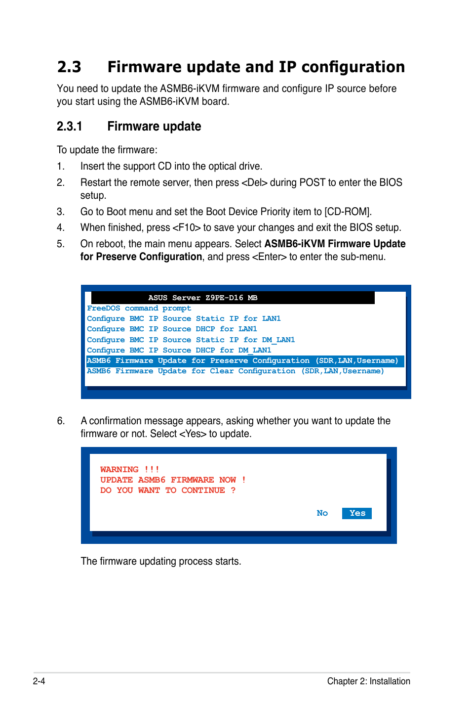 3 firmware update and ip configuration, 1 firmware update | Asus ASMB6-iKVM User Manual | Page 22 / 114