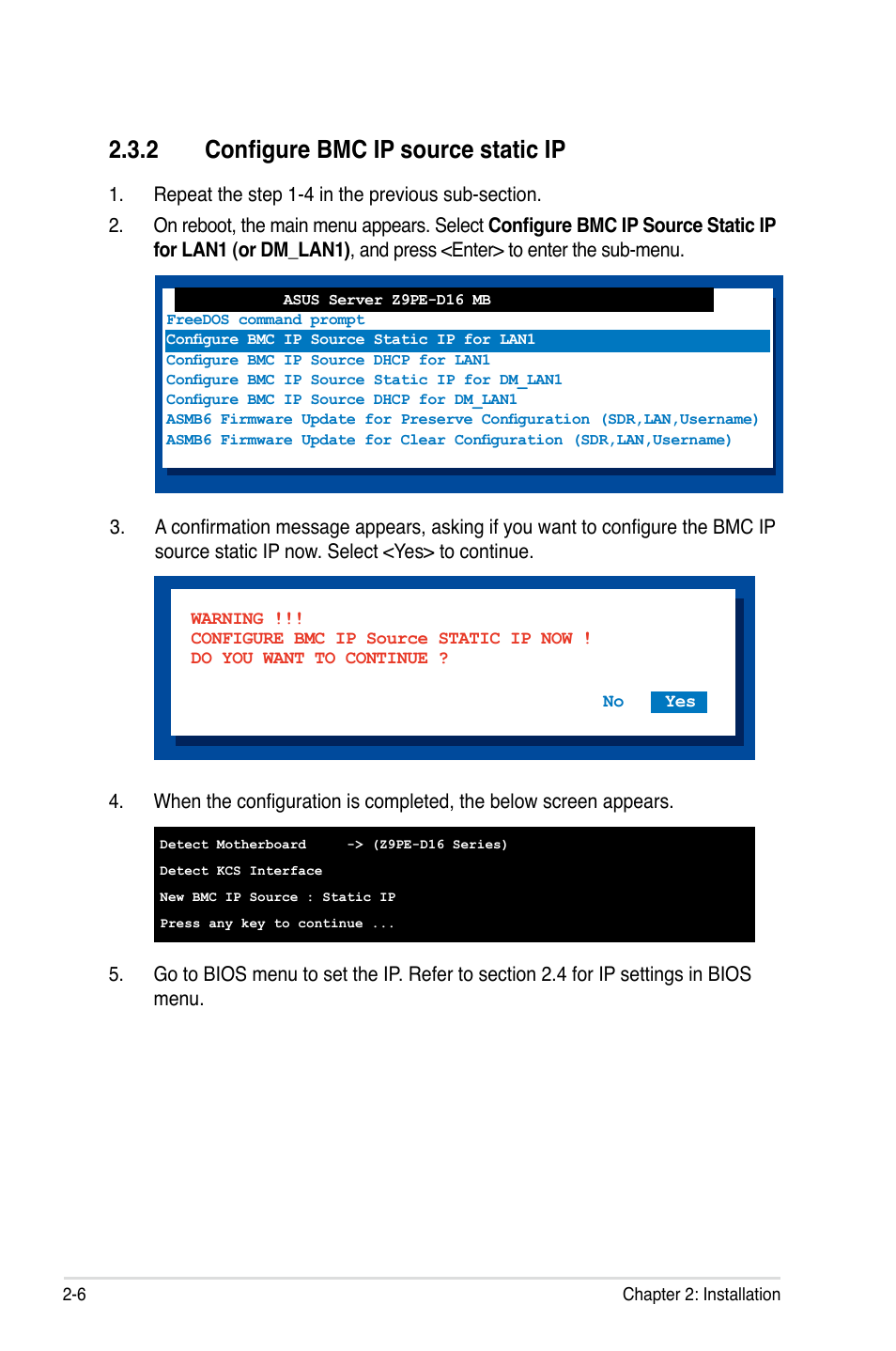 2 configure bmc ip source static ip | Asus ASMB6-iKVM User Manual | Page 24 / 114