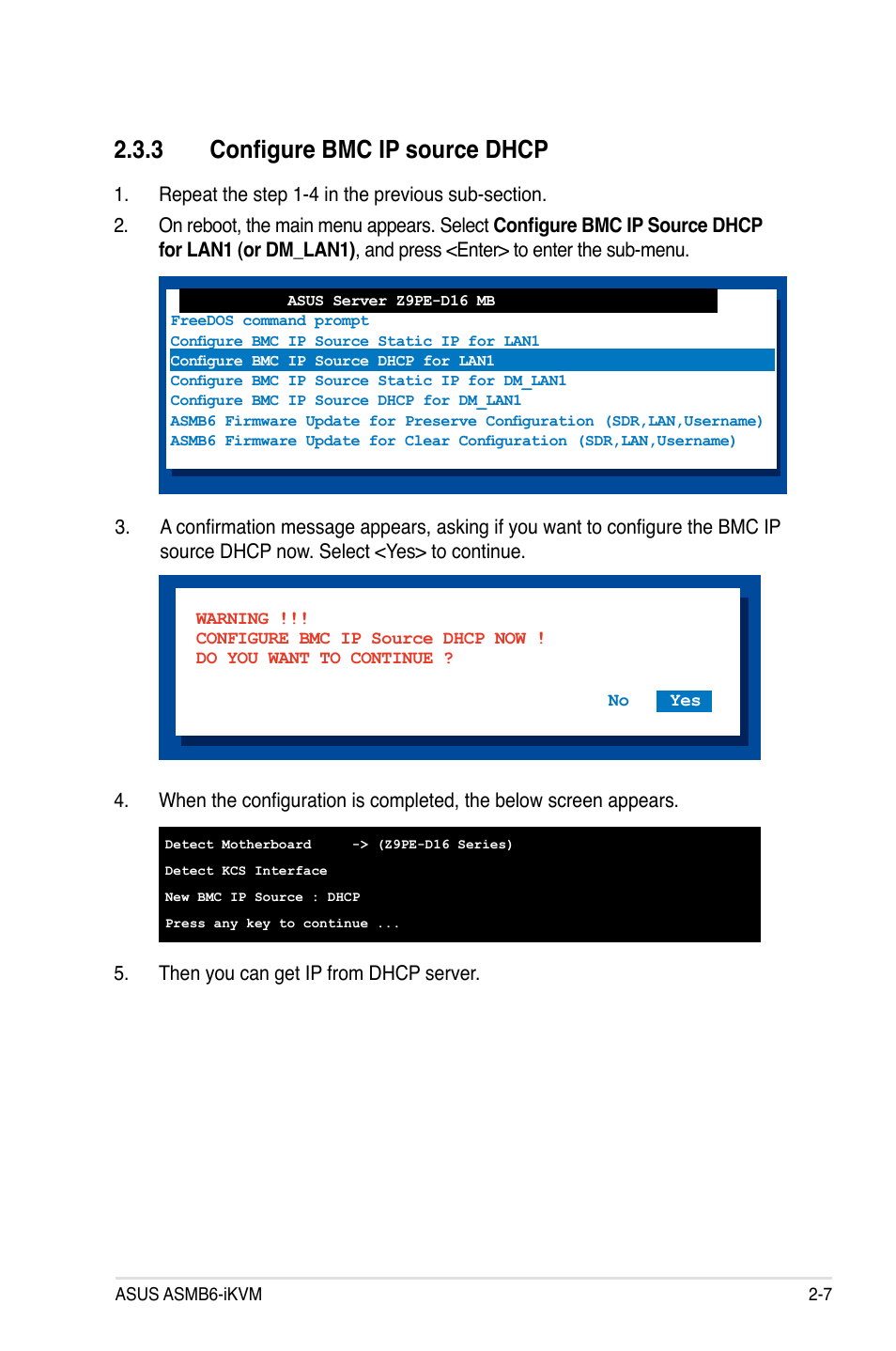 3 configure bmc ip source dhcp | Asus ASMB6-iKVM User Manual | Page 25 / 114