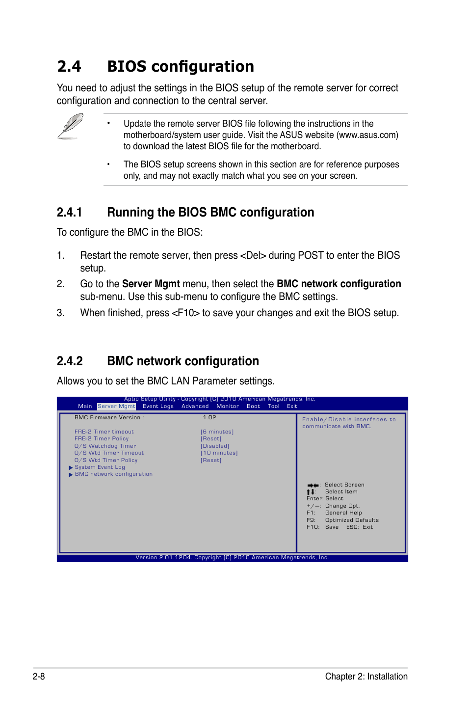 4 bios configuration, 1 running the bios bmc configuration, 2 bmc network configuration | Allows you to set the bmc lan parameter settings | Asus ASMB6-iKVM User Manual | Page 26 / 114