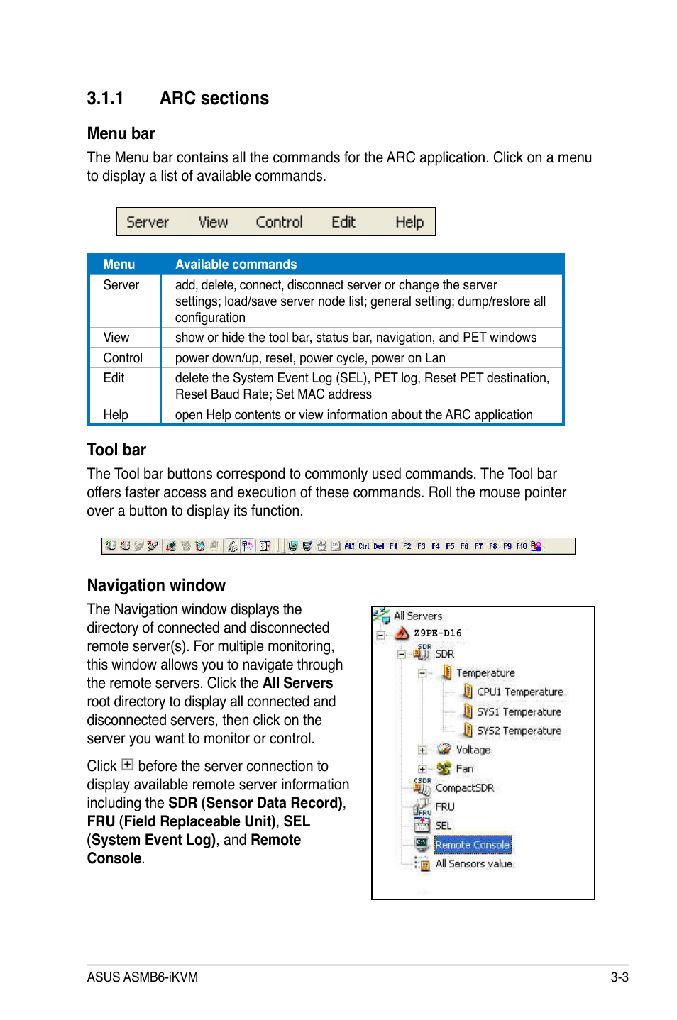 Menu bar, Tool bar, Navigation window | Asus ASMB6-iKVM User Manual | Page 37 / 114