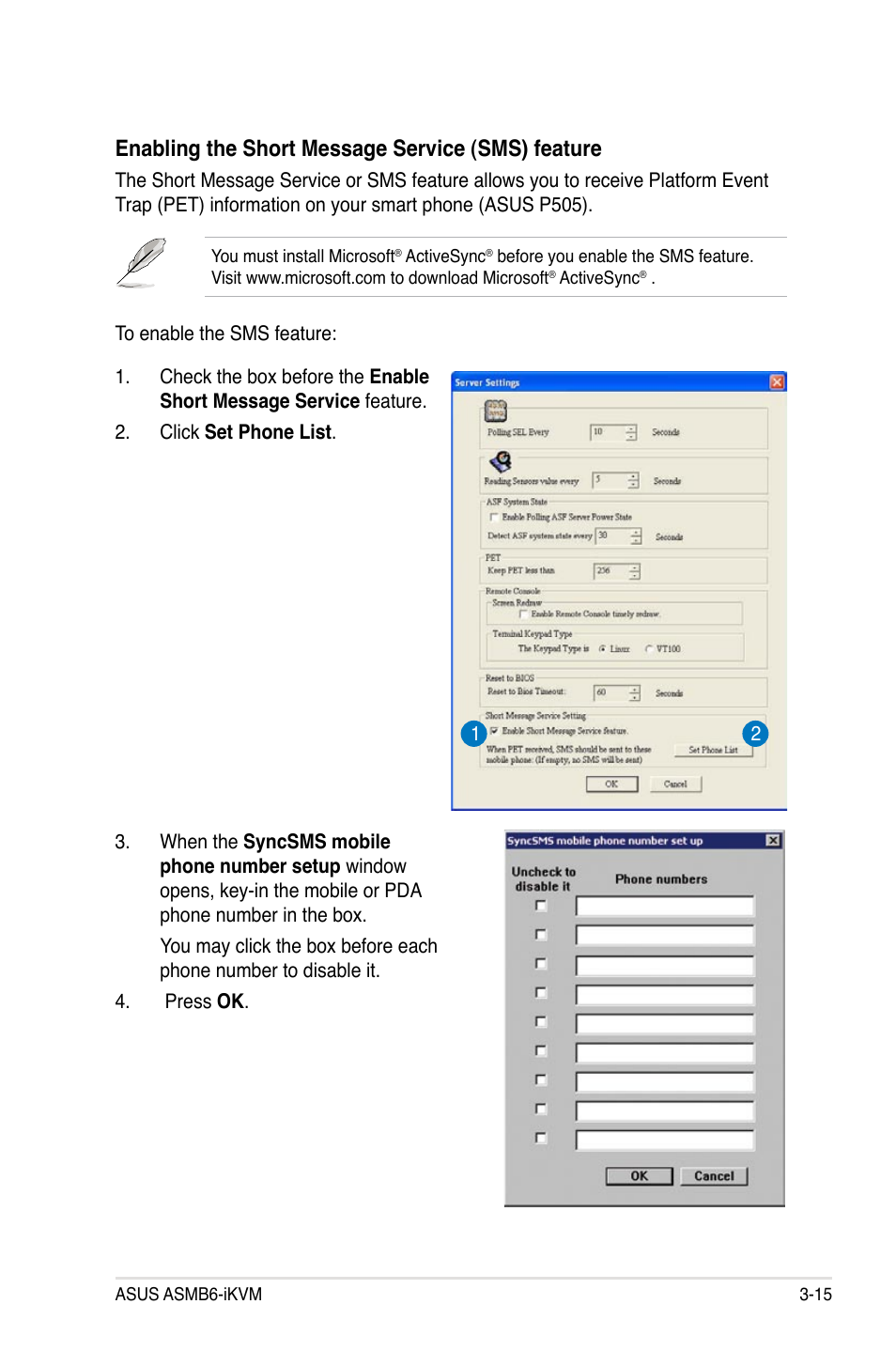 Enabling the short message service (sms) feature | Asus ASMB6-iKVM User Manual | Page 49 / 114