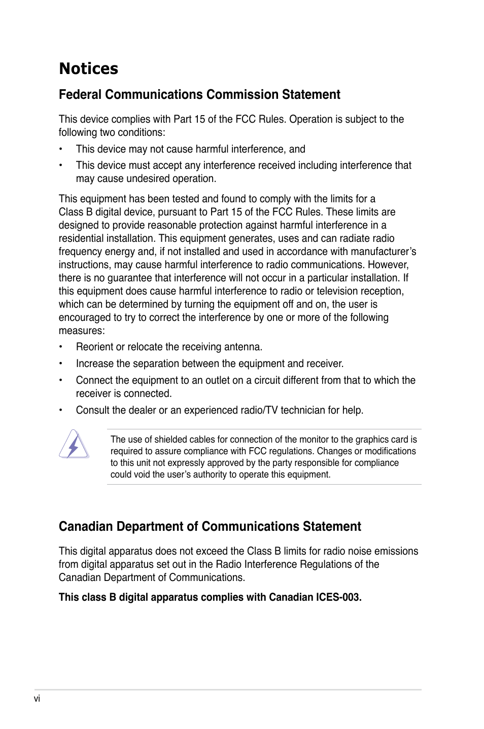 Notices, Federal communications commission statement, Canadian department of communications statement | Asus ASMB6-iKVM User Manual | Page 6 / 114