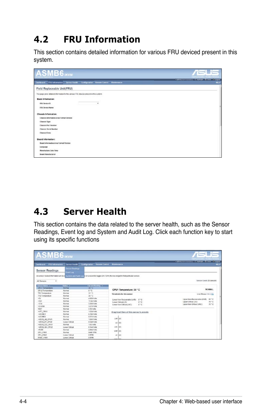 2 fru information, 3 server health | Asus ASMB6-iKVM User Manual | Page 66 / 114