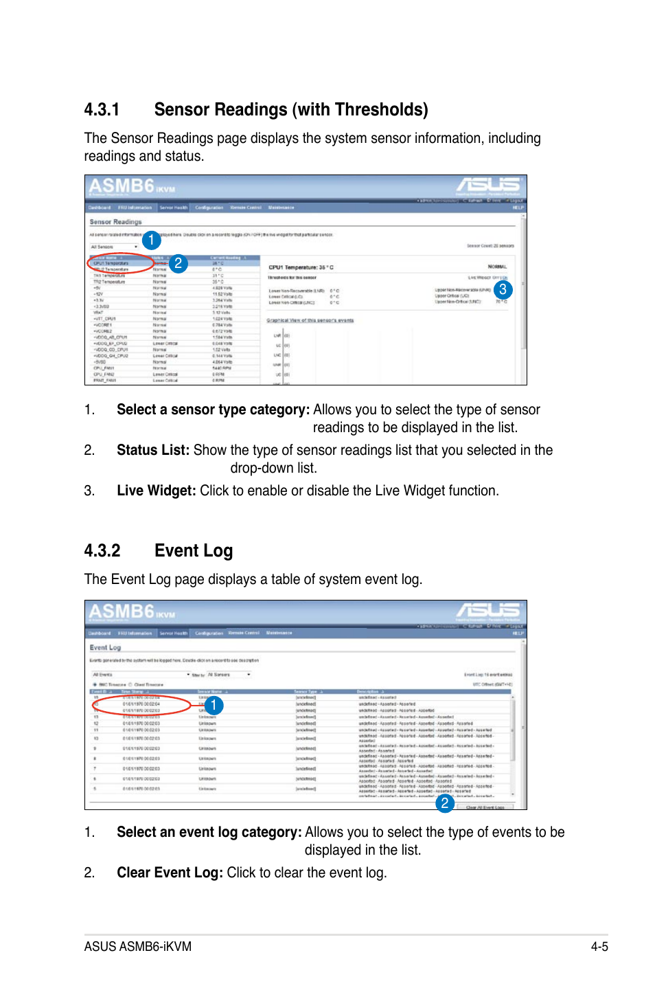 1 sensor readings (with thresholds), 2 event log | Asus ASMB6-iKVM User Manual | Page 67 / 114